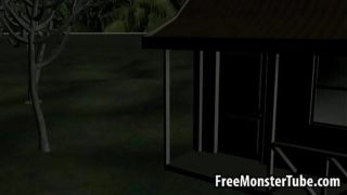 3D brunette babe sucking on an alien’s hard cock