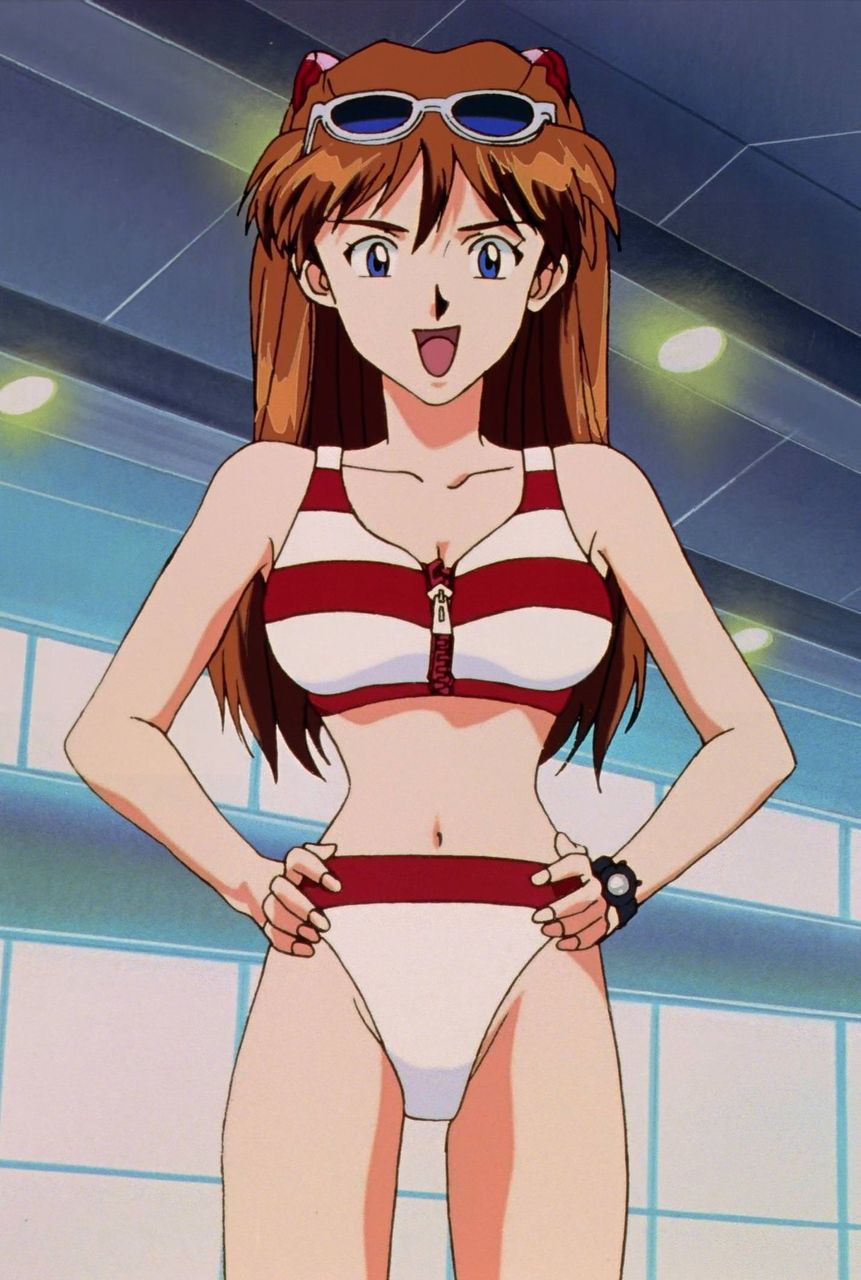 1girl 80s anime asuka_langley_souryuu bikini holding_hips neon_genesis_evangelion red_hair smile sunglasses swimsuit