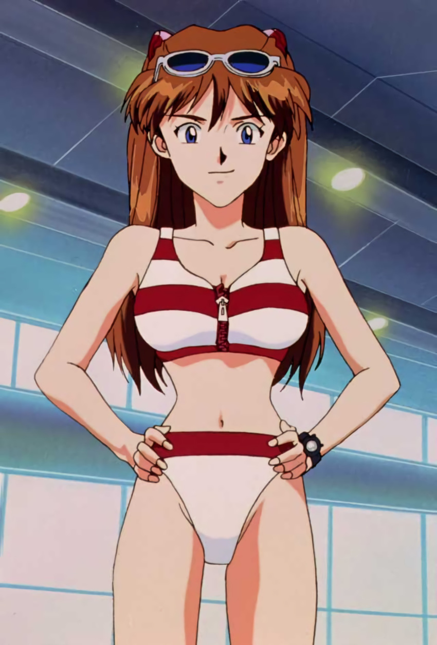 1girl 80s anime asuka_langley_souryuu bikini breasts holding_hips neon_genesis_evangelion red_hair smile sunglasses