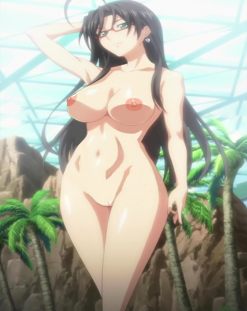 1girl alluring anime areolae brown_hair completely_nude edit erect_nipples female glasses green_eyes hasegawa_chisato high_resolution large_breasts long_hair megane nipples nude nude_filter outdoors screen_capture shinmai_maou_no_testament third-party_edit vagina