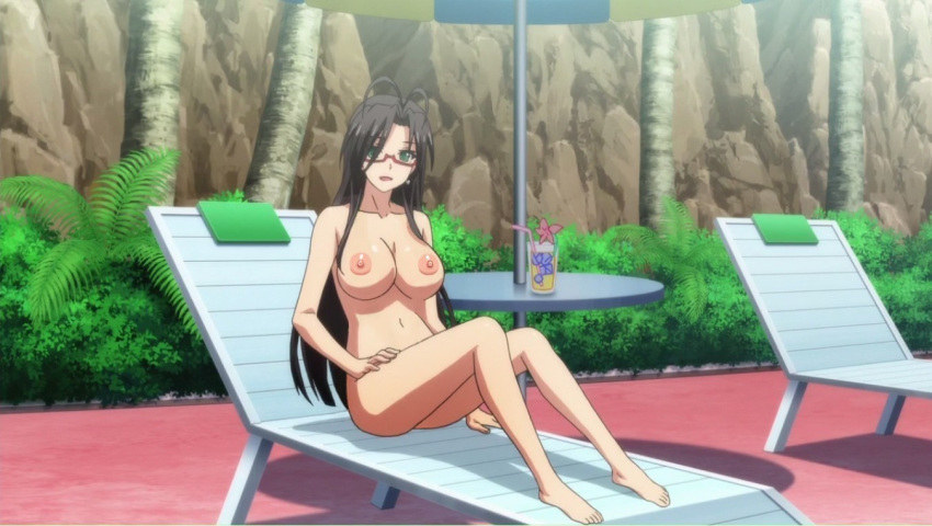 alluring anime antenna_hair areola beach_chair black_hair chair completely_nude ecchi erect_nipples glasses green_eyes hasegawa_chisato lawn_chair long_hair lounge_chair megane nipples nude nude_filter pool red-framed_eyewear screen_capture shinmai_maou_no_testament sitting third-party_edit