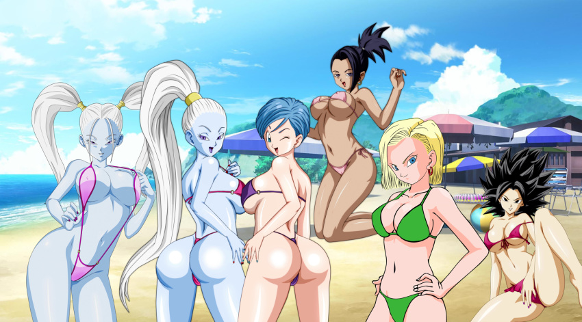 android_18 anime beach bikini bulma caulifla dragon_ball_super kale marcarita vados