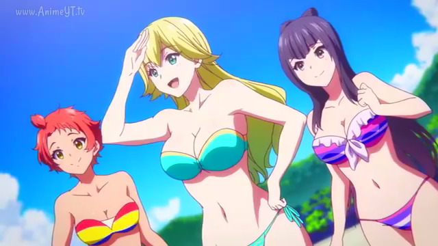 anime beach big_breasts bikini breasts cleavage medium_breasts multicolored_bikini multicolored_swimsuit multiple_girls musaigen_no_phantom_world side-tie_bikini strapless strapless_bikini strapless_swimsuit striped_bikini swimsuit tagme