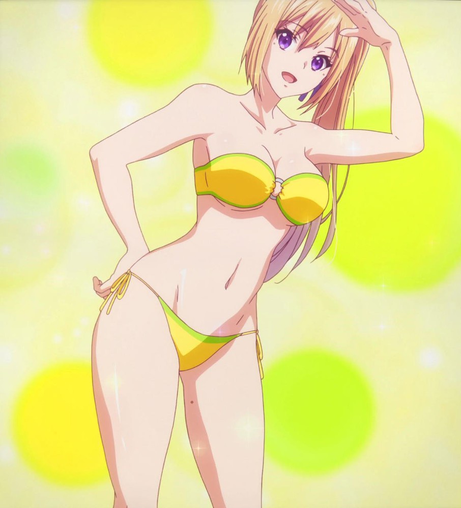 anime big_breasts bikini breasts cleavage hand_on_hip kawakami_mai mai_kawasumi multiple_girls musaigen_no_phantom_world o-ring_bikini o-ring_top side-tie_bikini strapless strapless_bikini strapless_swimsuit swimsuit tagme yellow_bikini