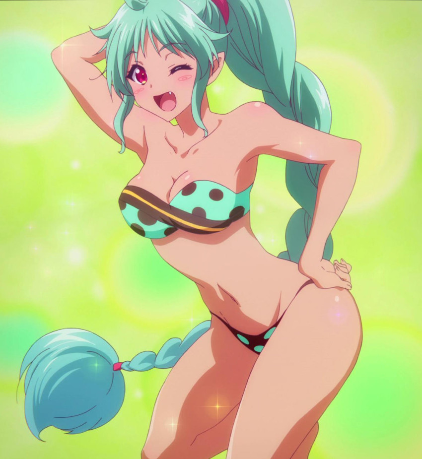;d anime big_breasts bikini breasts cleavage dark-skinned_female dark_skin fang green_swimsuit hand_behind_head hand_on_hip medium_breasts musaigen_no_phantom_world myriad_colors_phantom_world polka_dot_bikini pose ruru ruru_(musaigen_no_phantom_world) smile strapless strapless_bikini strapless_swimsuit swimsuit tagme wink