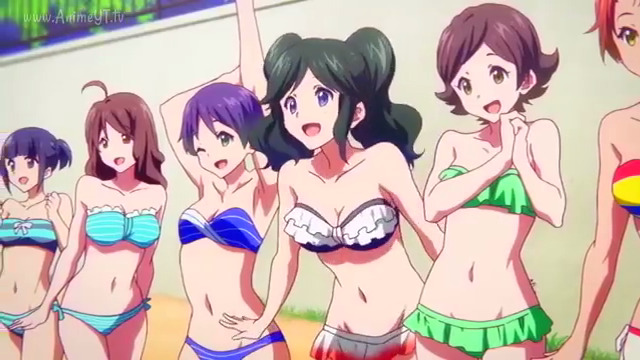 :d ;d anime beach big_breasts bikini blue_bikini breasts cleavage green_swimsuit medium_breasts multicolored_bikini multicolored_swimsuit multiple_girls musaigen_no_phantom_world one_eye_closed side-tie_bikini smile strapless strapless_bikini strapless_swimsuit swimsuit tagme white_swimsuit wink