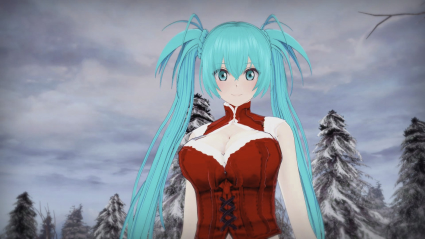 16:9 1girl anime before_sex big_breasts blush breasts christmas christmas_outfit clothed happy hentai light-skinned_female light_skin long_hair looking_at_viewer miku_hatsune open_eyes outside ponytails smile snow teen vocaloid winter