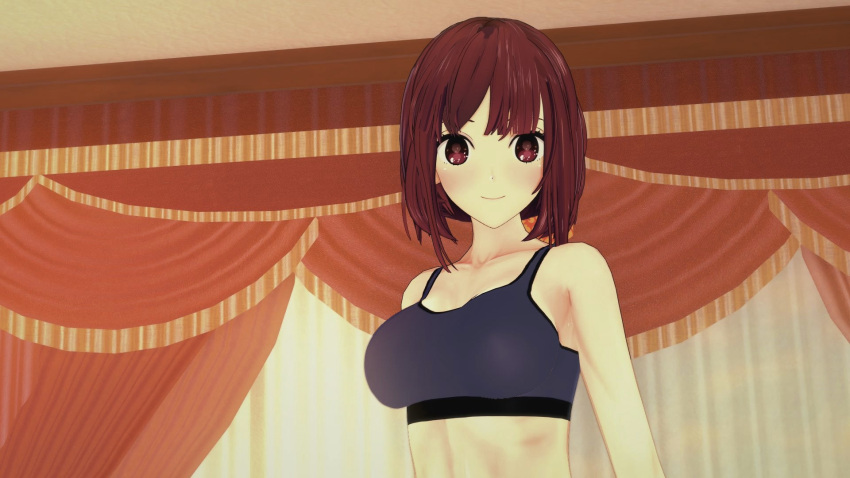16:9 16:9_aspect_ratio 1girl 1girls anime arima_kana before_sex blush happy hentai indoors looking_at_viewer medium_hair open_eyes oshi_no_ko room shoulders smile sports_bra standing teen