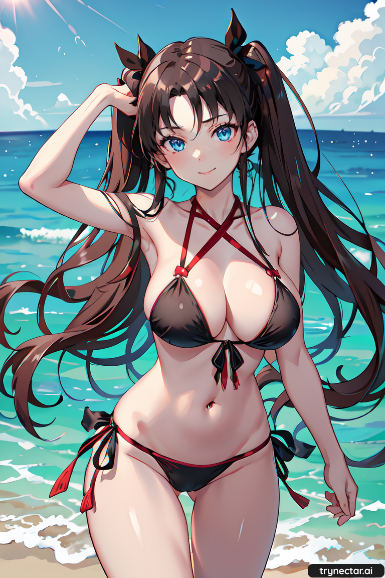 1girl ai ai_generated anime beach bikini breasts cleavage fate/stay_night fate_(series) female_only hentai nsfw swimsuit thighs tohsaka_rin trynectar.ai