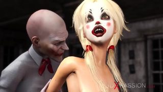 Man wearing a clown mask plays with a cute sexy blonde in the abandoned room