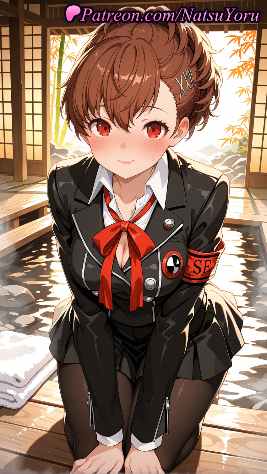 1girl 1girls 2025 ai ai_assisted ai_generated anime anime_style armband atlus bangs big_breasts black_jacket black_pantyhose black_skirt blazer blush bow bowtie breasts brown_hair bust cleavage closed_mouth collared_shirt female_focus female_only gekkoukan_high_school_uniform hair_ornament hairclip hentai high_quality high_res high_resolution indoors jacket kneel kotone_shiomi long_sleeves looking_at_viewer medium_breasts natsuyoru neck_ribbon onsen pantyhose patreon persona persona_3 persona_3_reload pleated_skirt red_armband red_bow red_bowtie red_eyes red_ribbon ribbon school_uniform shiomi_kotone shirt short_hair sitting skirt sliding_doors smile solo_female stable_diffusion towel voluptuous voluptuous_female water wet white_shirt wooden_floor x_hair_ornament